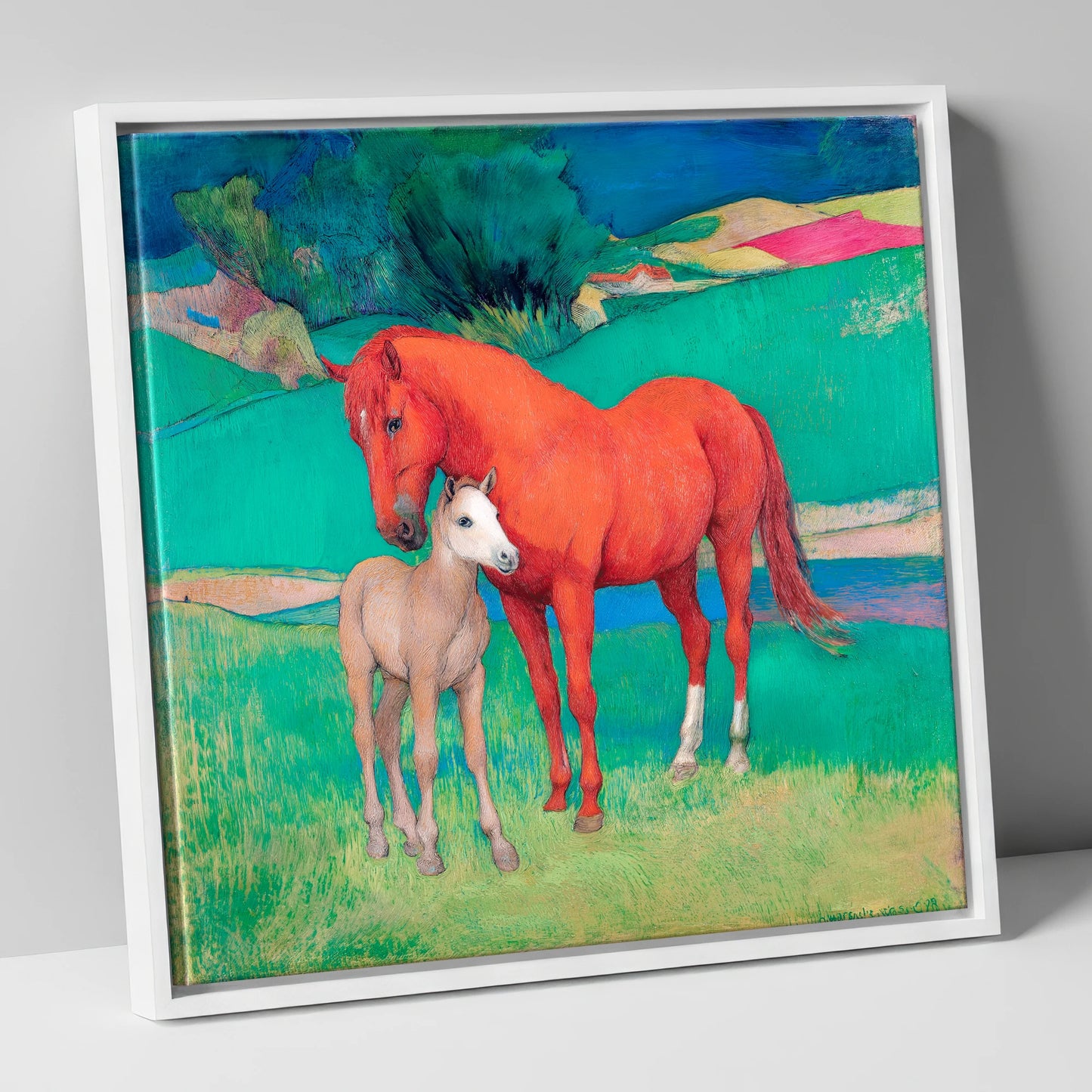 Vibrant Maternal Bond mare & foal canvas wall art in white frame