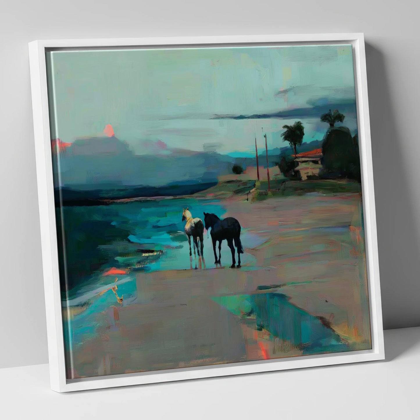 Dusk on the Shoreline horse landscape canvas wall art in white frame