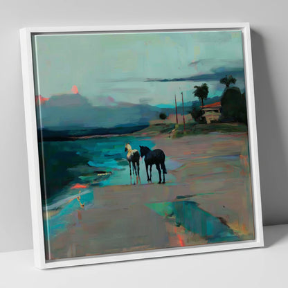 Dusk on the Shoreline horse landscape canvas wall art in white frame