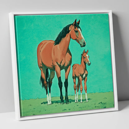 Striking Bay Bloodlines mare & foal canvas wall art in white frame
