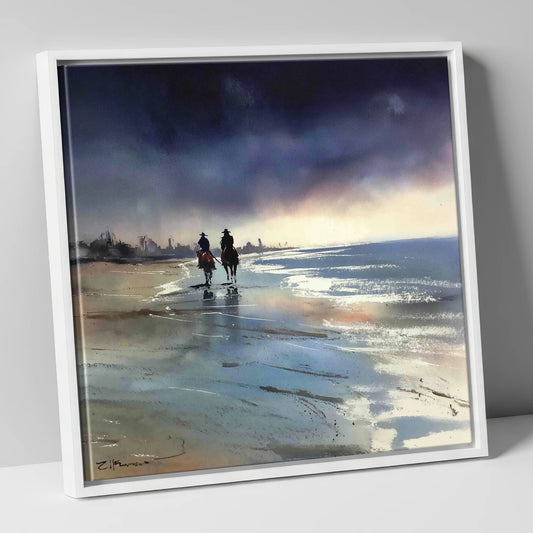 Shadows on the Shore horse landscape canvas wall art in white frame