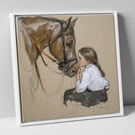 A Quiet Understanding horse & rider canvas wall art in white frame