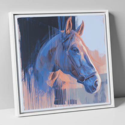 Cobalt and Apricot Light horse portrait canvas wall art in white frame