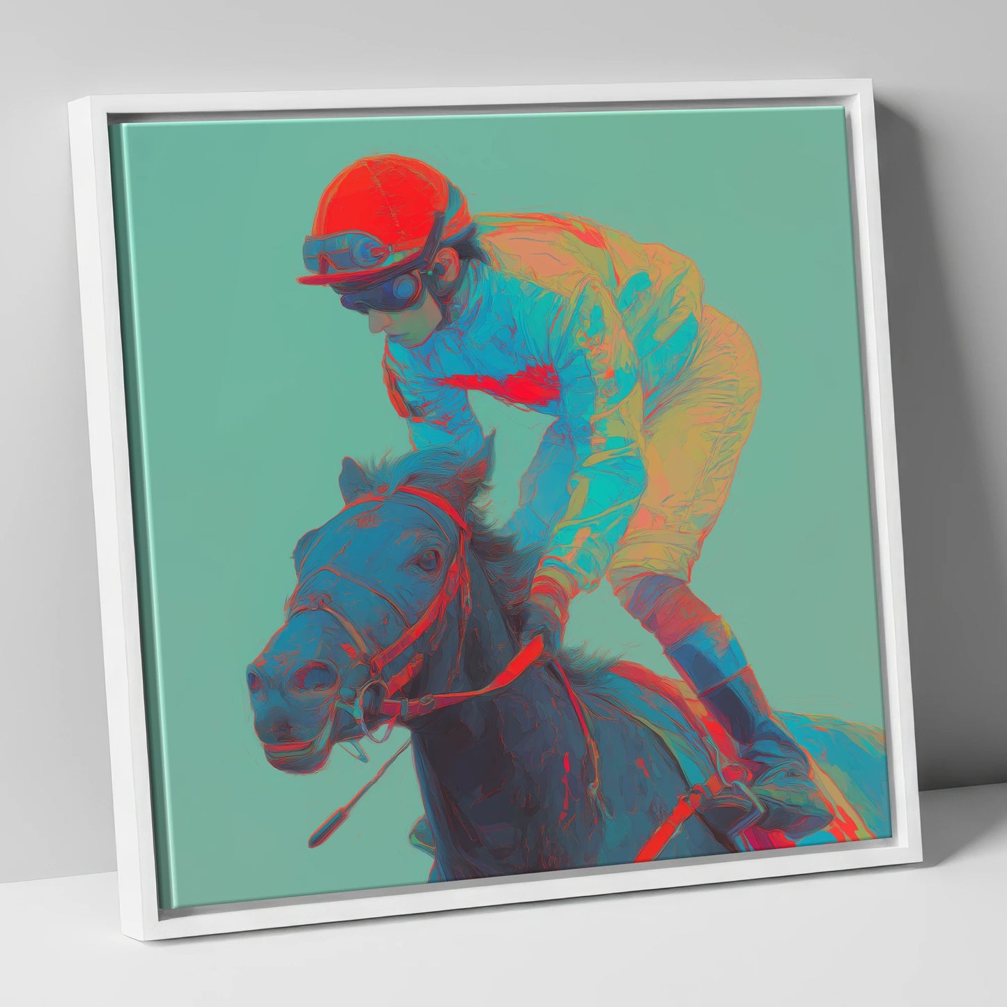 Electric Furlong racing horse canvas wall art in white frame