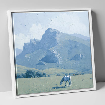 Solitude Beneath the Peak horse landscape canvas wall art in white frame