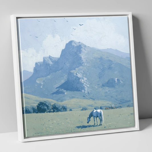 Solitude Beneath the Peak horse landscape canvas wall art in white frame