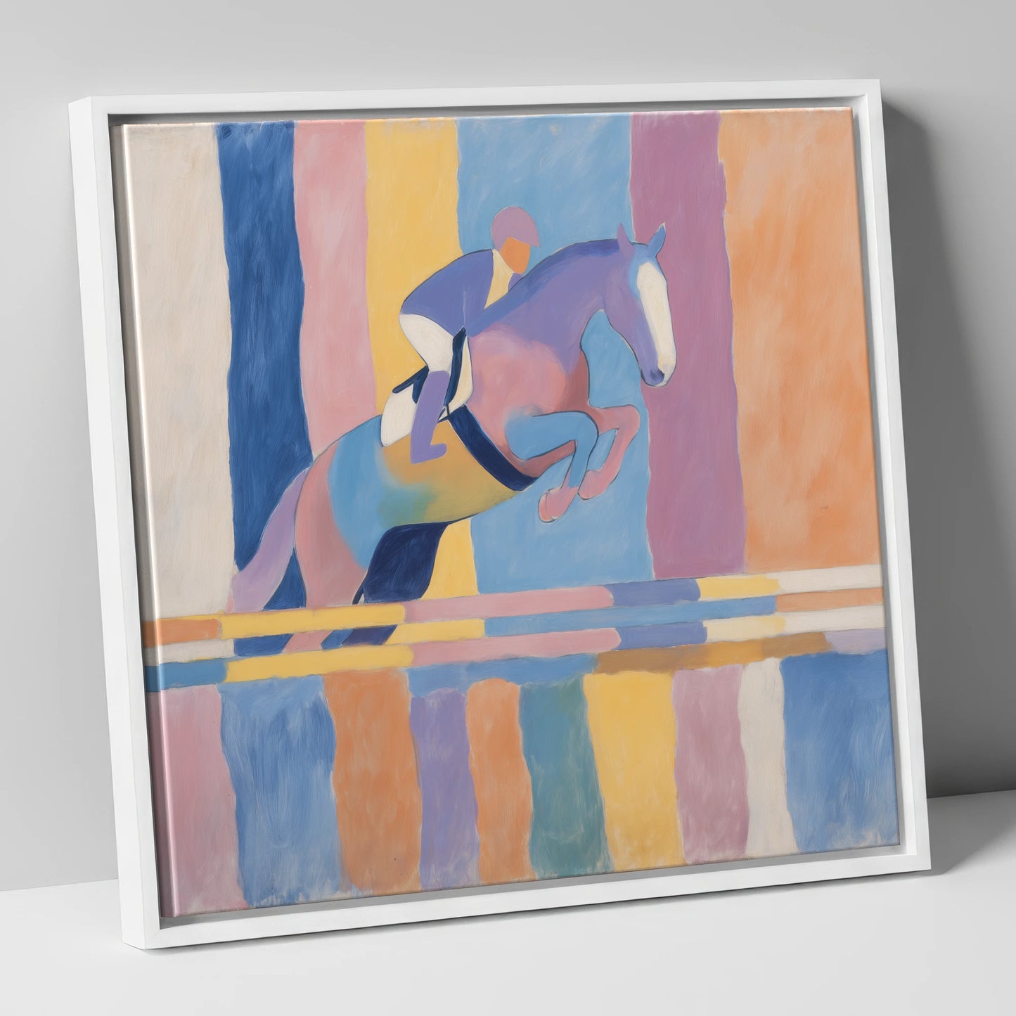 Pastel Flight show jumping horse canvas wall art in white frame