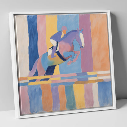 Pastel Flight show jumping horse canvas wall art in white frame