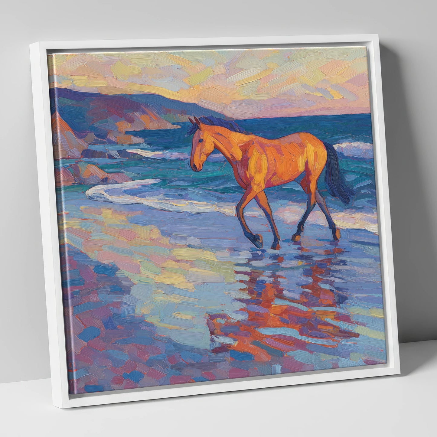 Vibrant Coastal Stride horse landscape canvas wall art in white frame