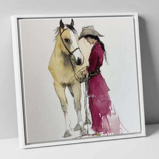 Western Horse and Burgundy Dress horse & rider canvas wall art in white frame