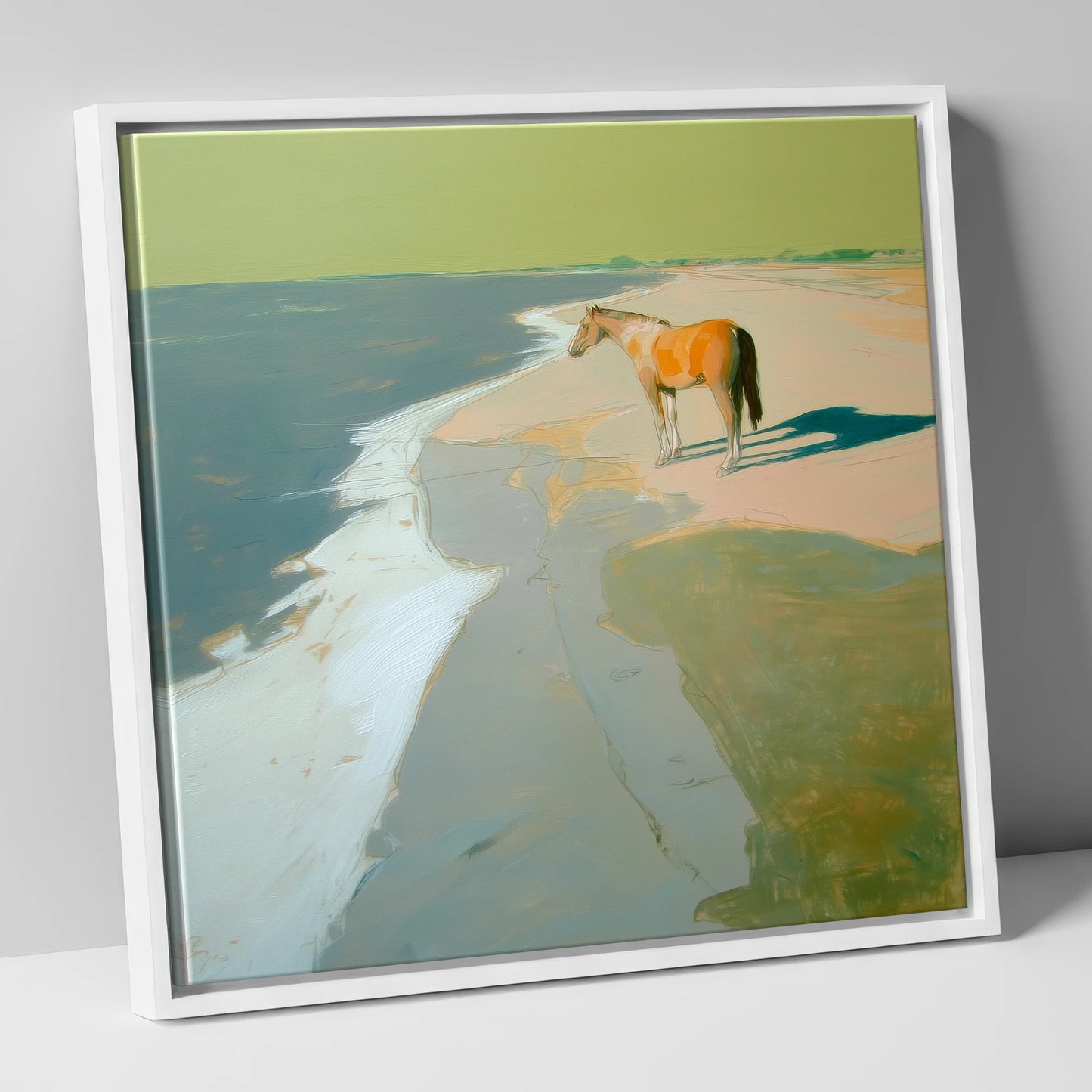 Shoreline Solitude horse landscape canvas wall art in white frame