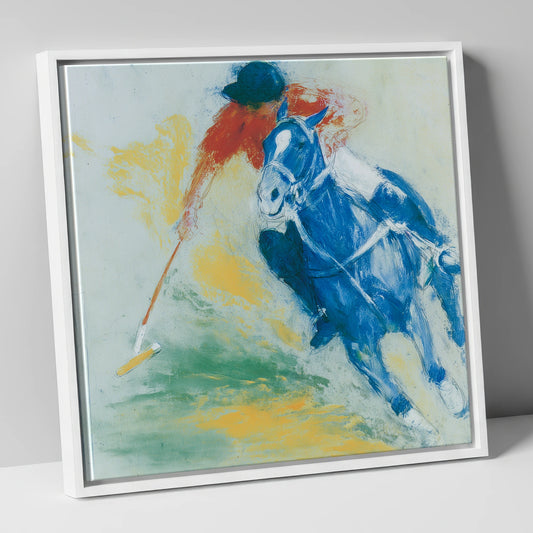 Cerulean Polo Strike polo horse canvas wall art in white frame
