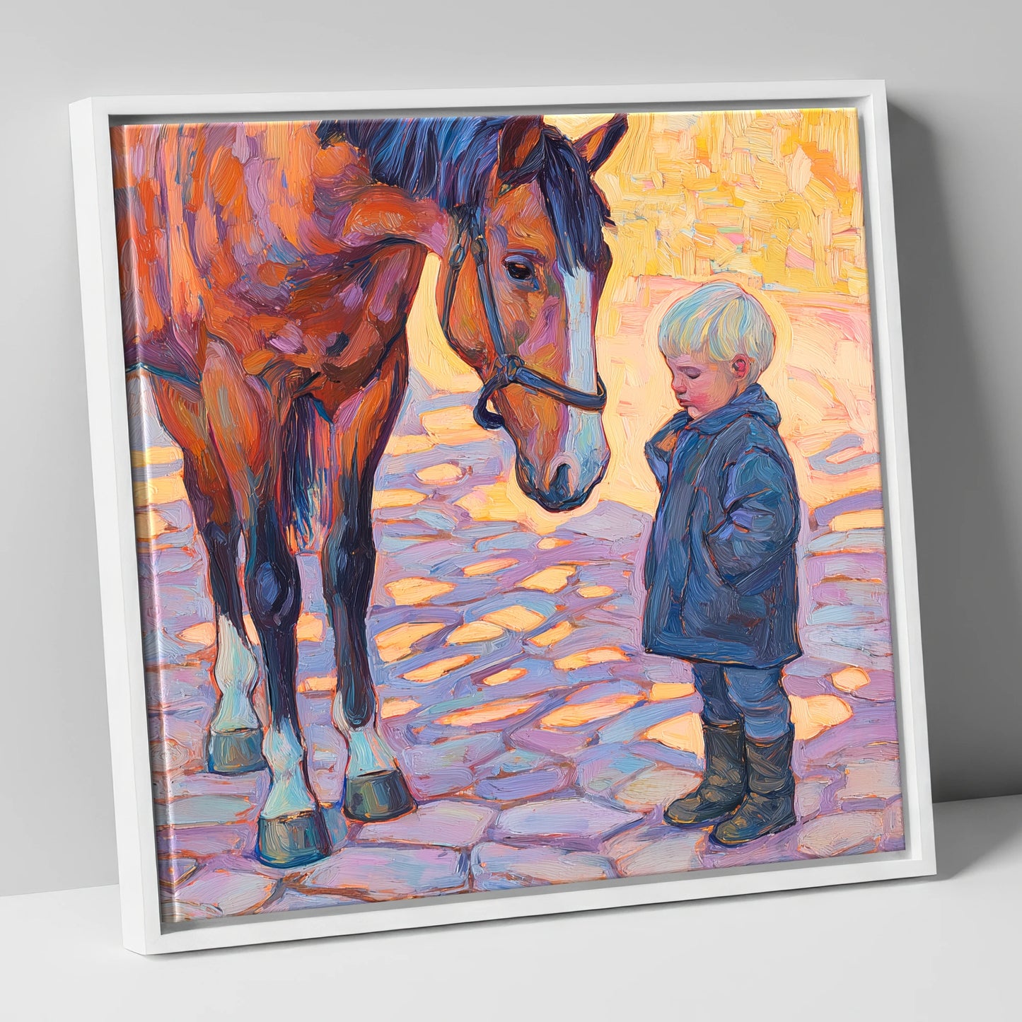 The Gentle Encounter horse & rider canvas wall art in white frame