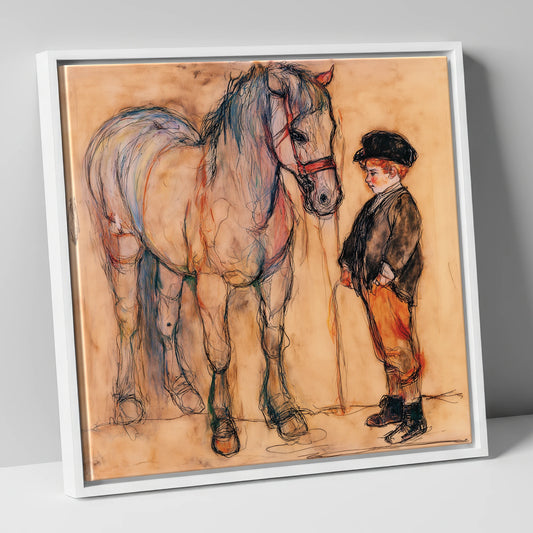 A Quiet Understanding horse & rider canvas wall art in white frame