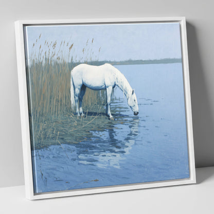 Quiet Marshland Waters horse landscape canvas wall art in white frame