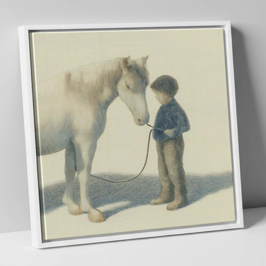 A Quiet Understanding horse & rider canvas wall art in white frame