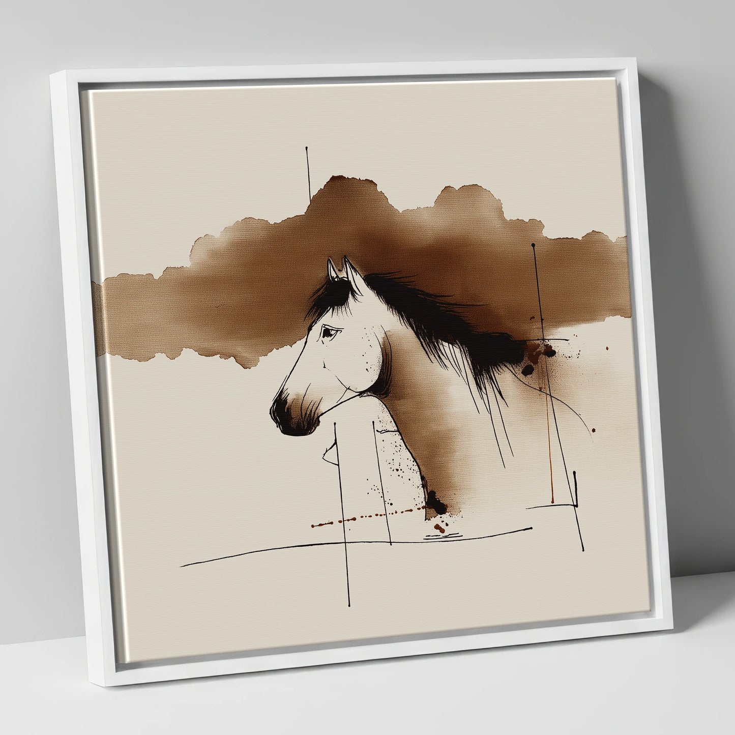 Abstract Sepia Equine Profile horse portrait canvas wall art in white frame