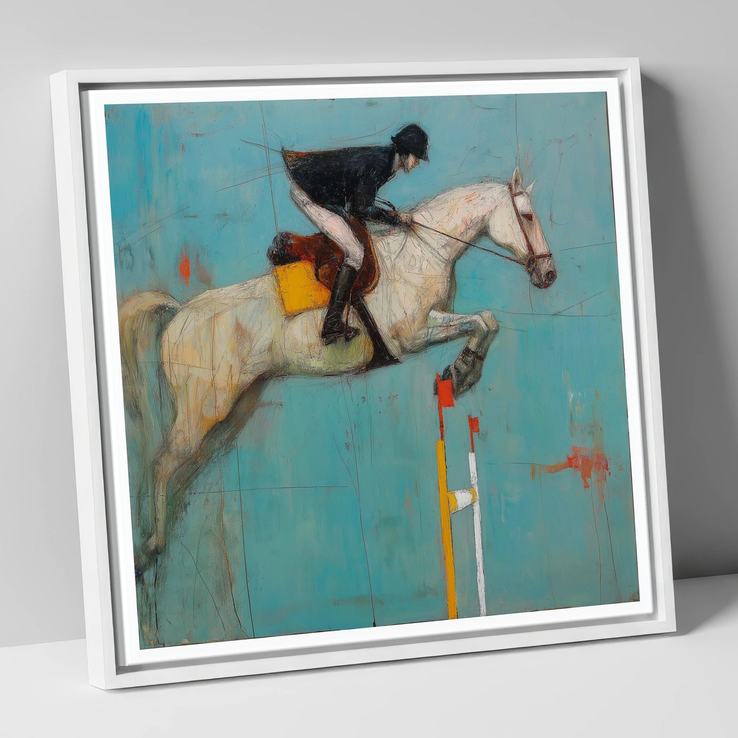 Airborne Over Teal show jumping horse canvas wall art in white frame