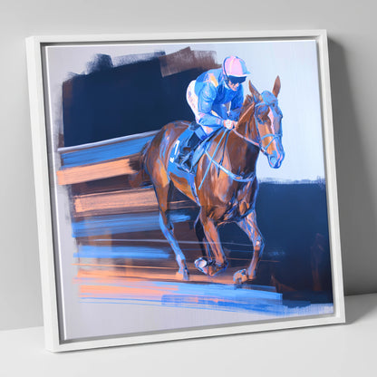 Velocity in Blue racing horse canvas wall art in white frame