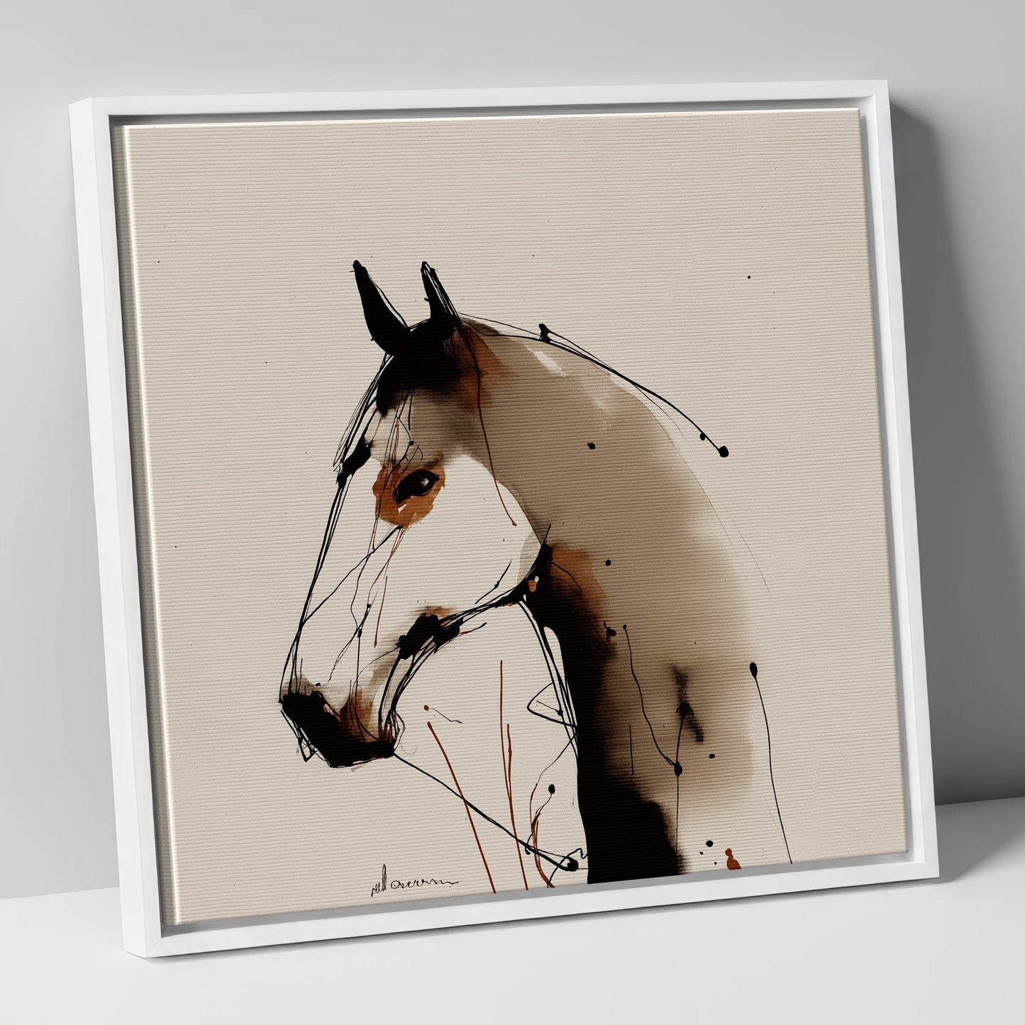 Sepia Ink Silhouette horse portrait canvas wall art in white frame