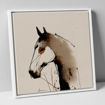 Sepia Ink Silhouette horse portrait canvas wall art in white frame