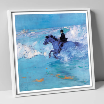 The Azure Tide beach horse canvas wall art in white frame