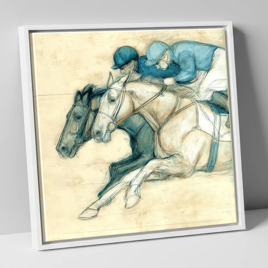 Neck and Neck racing horse canvas wall art in white frame