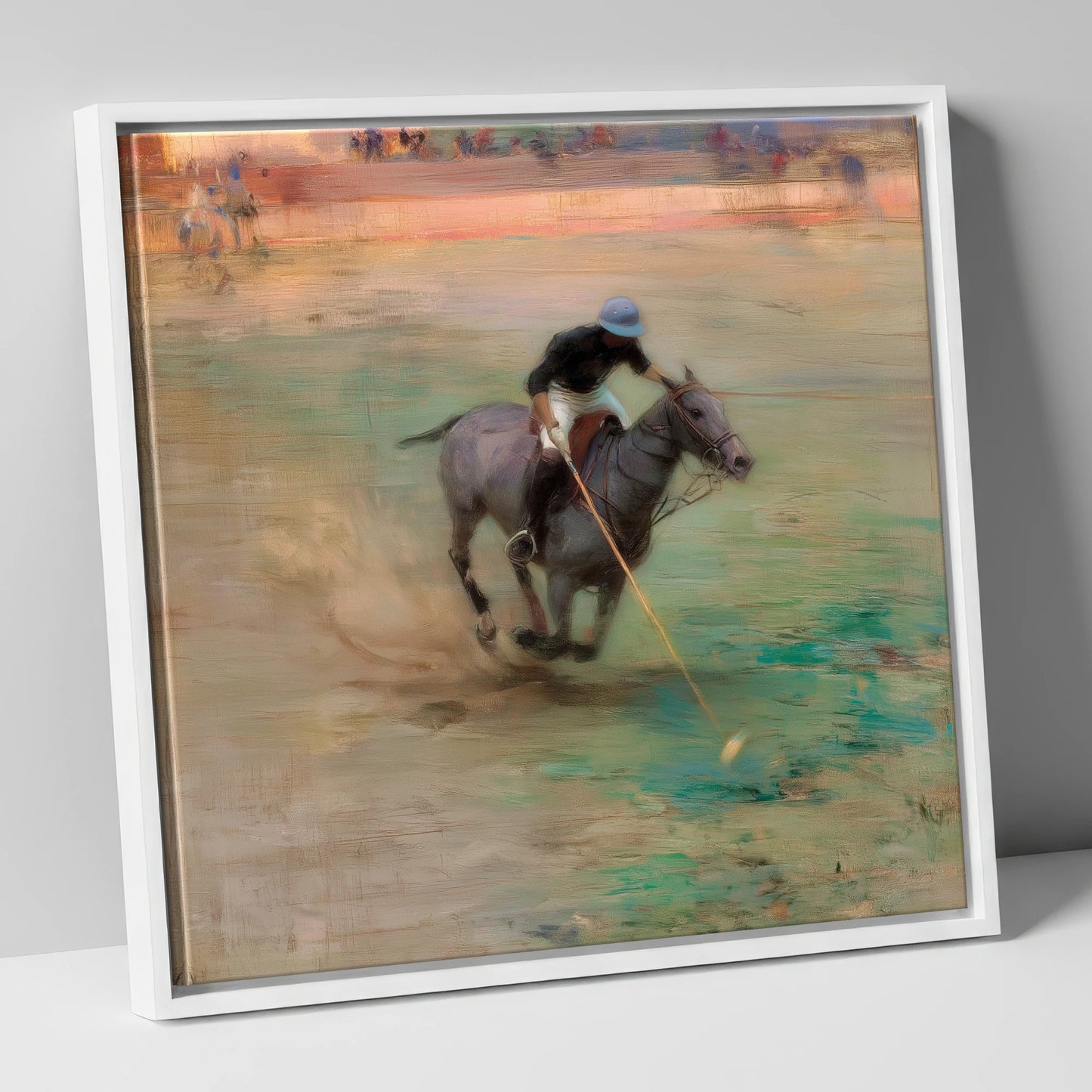 The Mid-Field Drive polo horse canvas wall art in white frame
