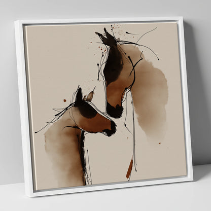 Tender Sepia Bond mare & foal canvas wall art in white frame