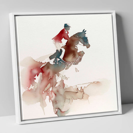 Crimson Flight show jumping horse canvas wall art in white frame