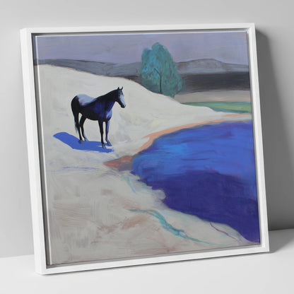 Blue Shore Solitude horse landscape canvas wall art in white frame