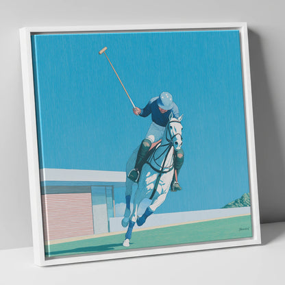 The Azure Chukka polo horse canvas wall art in white frame