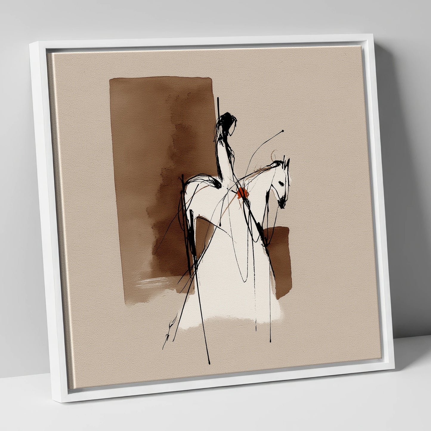 Sepia Rider Silhouette horse & rider canvas wall art in white frame