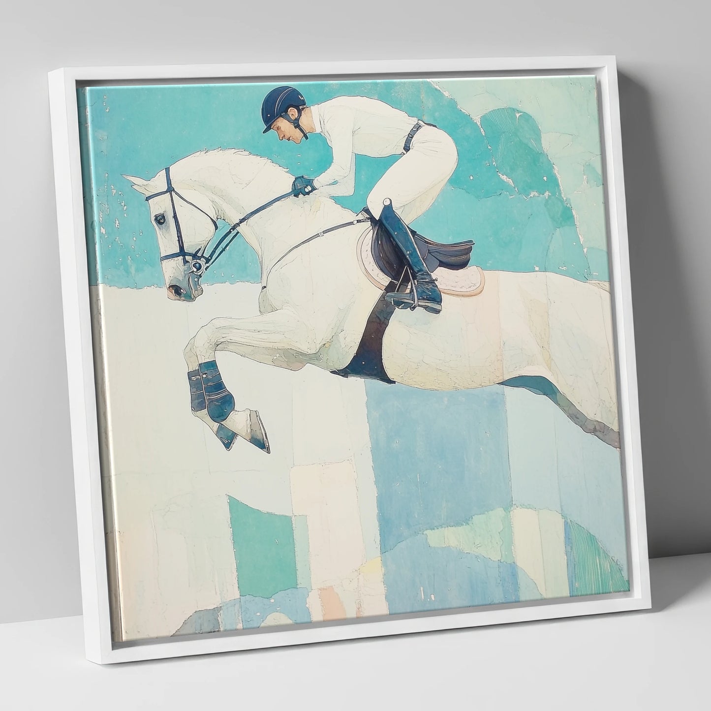 Teal Ascent show jumping horse canvas wall art in white frame