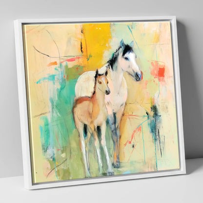 Gentle Guardianship mare & foal canvas wall art in white frame