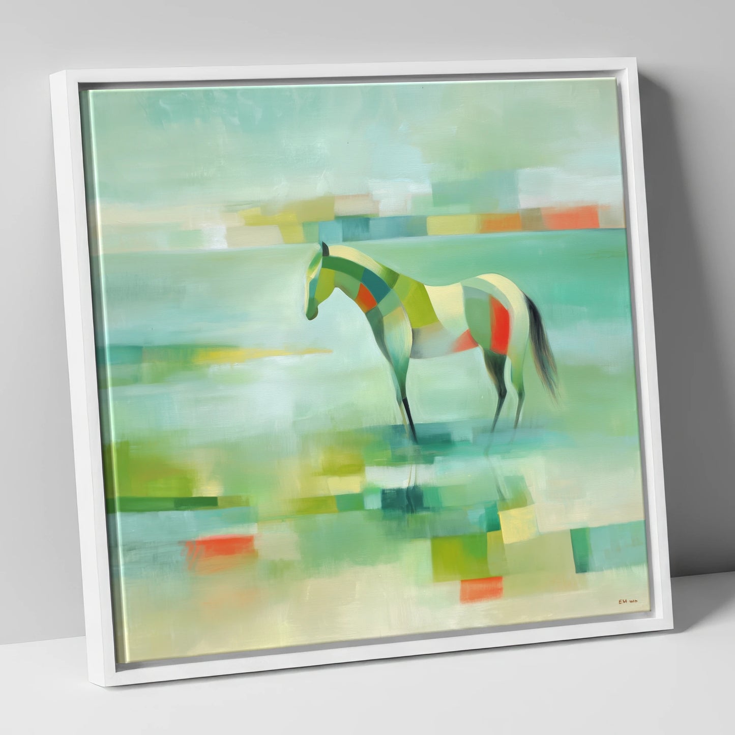 Emerald Beach Mosaic beach horse canvas wall art in white frame