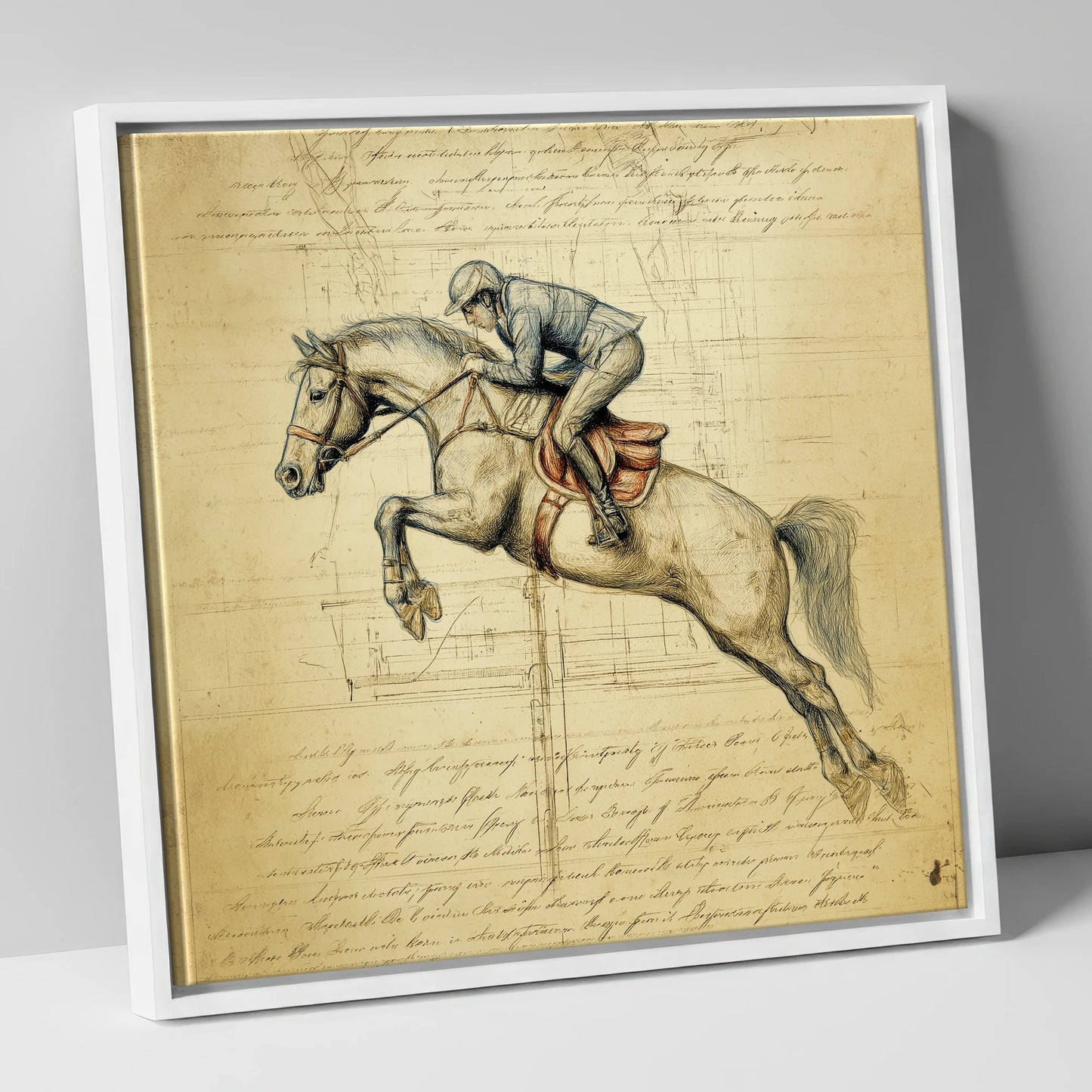 The Scholar's Jump show jumping horse canvas wall art in white frame