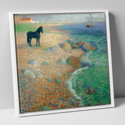 Shoreline Solitude horse landscape canvas wall art in white frame