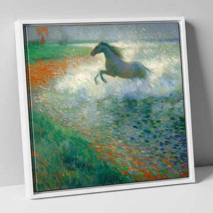 Luminous Surf Canter beach horse canvas wall art in white frame