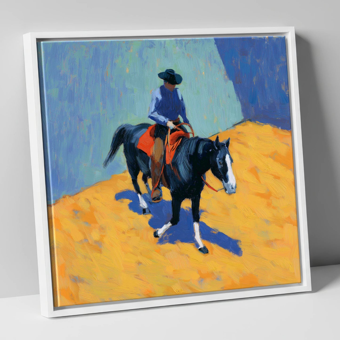 High Noon Arena western horse canvas wall art in white frame