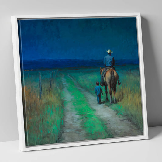 Nightfall Companions horse & rider canvas wall art in white frame