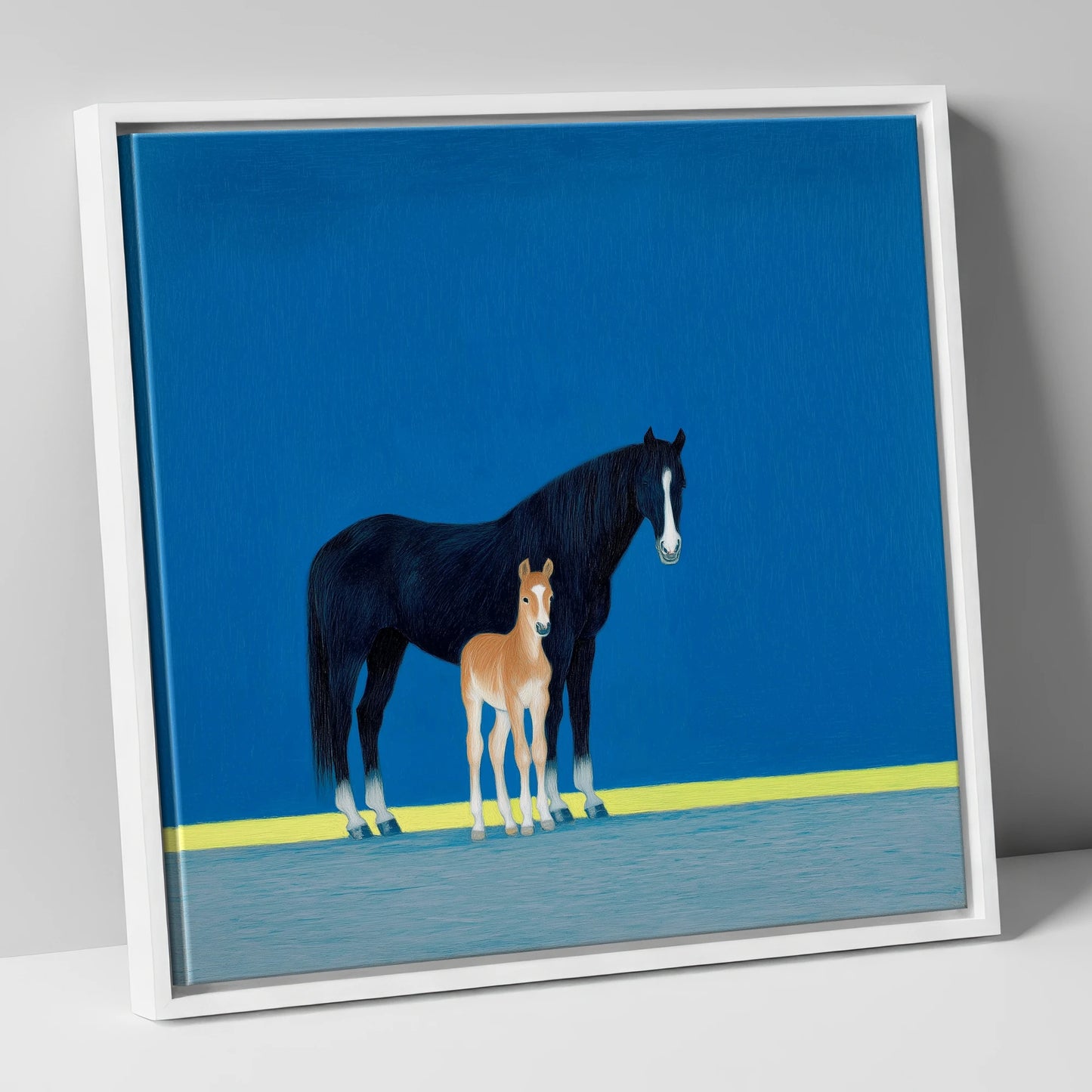 Azure Bond mare & foal canvas wall art in white frame