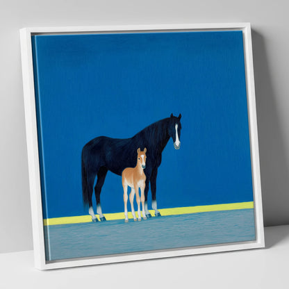 Azure Bond mare & foal canvas wall art in white frame