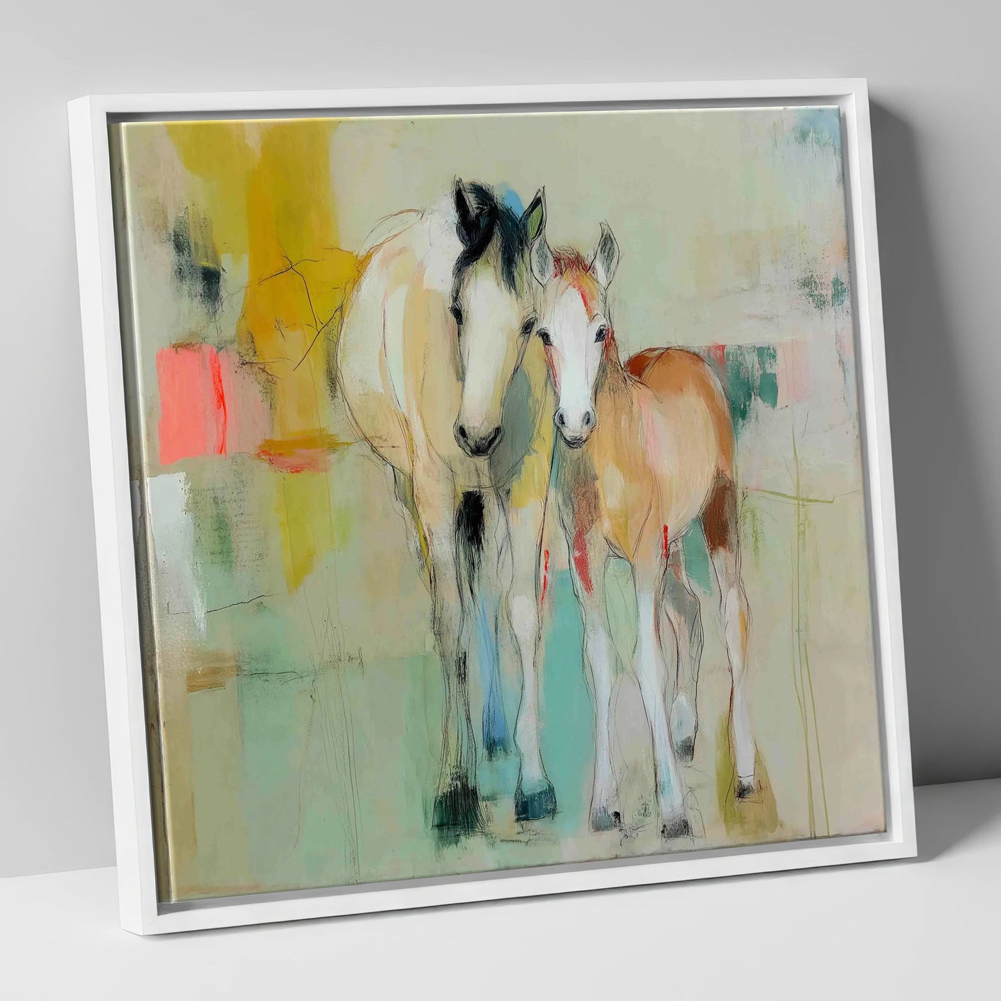 Gentle Nurture mare & foal canvas wall art in white frame