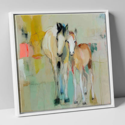 Gentle Nurture mare & foal canvas wall art in white frame
