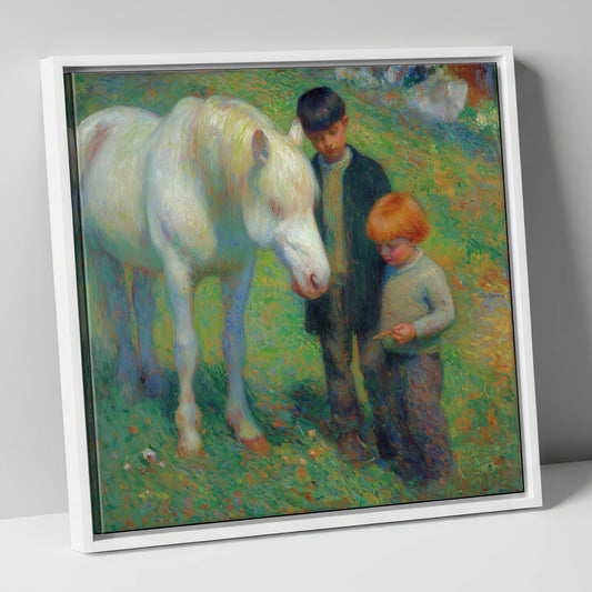 The Gentle Grey horse & rider canvas wall art in white frame