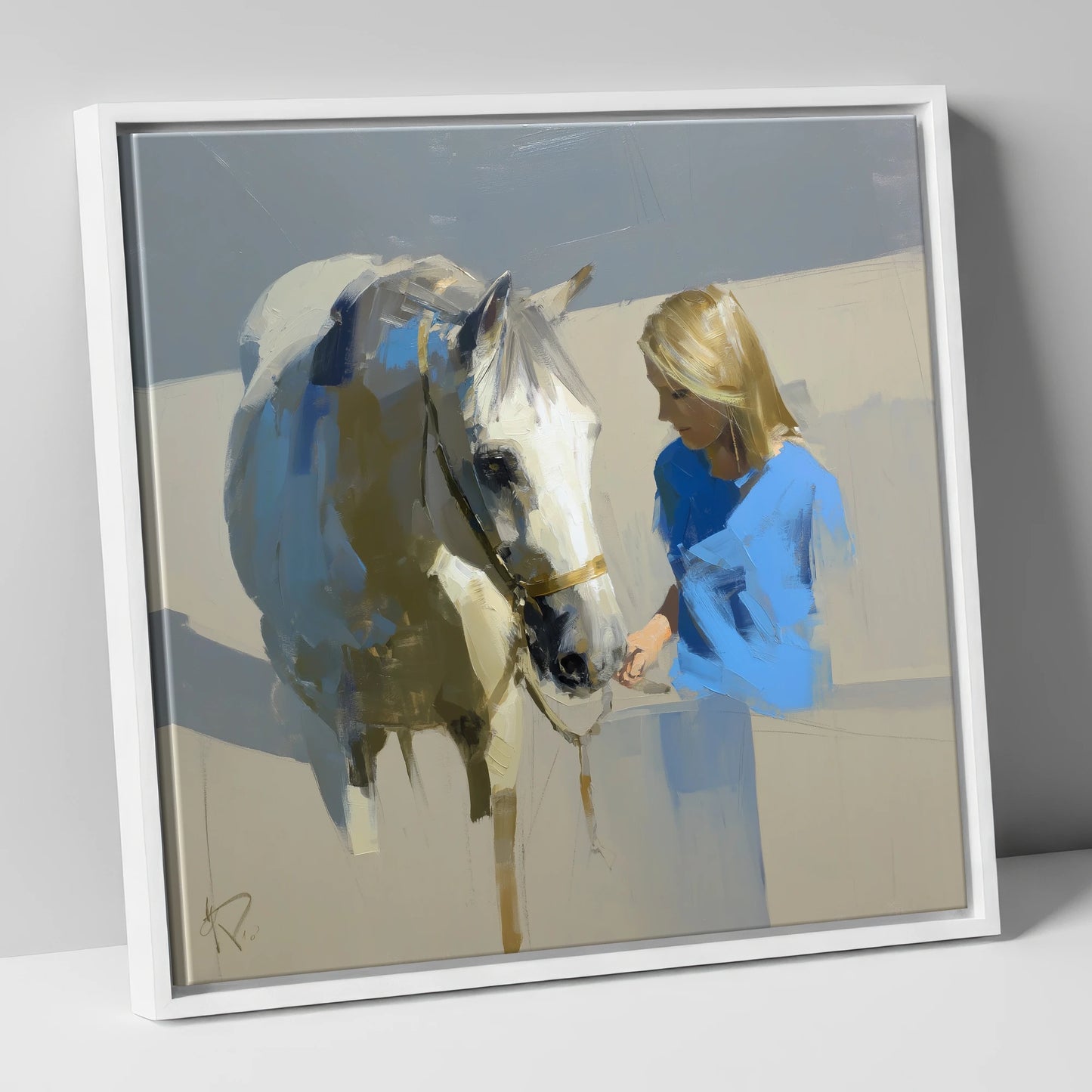Quiet Connection horse & rider canvas wall art in white frame