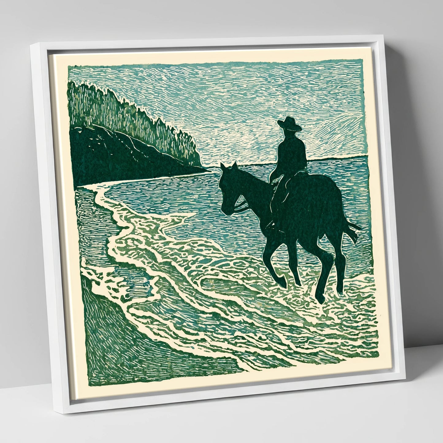 Edge of the Tide beach horse canvas wall art in white frame