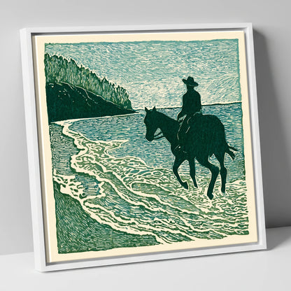Edge of the Tide beach horse canvas wall art in white frame