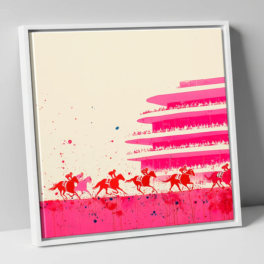 Magenta Grandstand Sprint racing horse canvas wall art in white frame